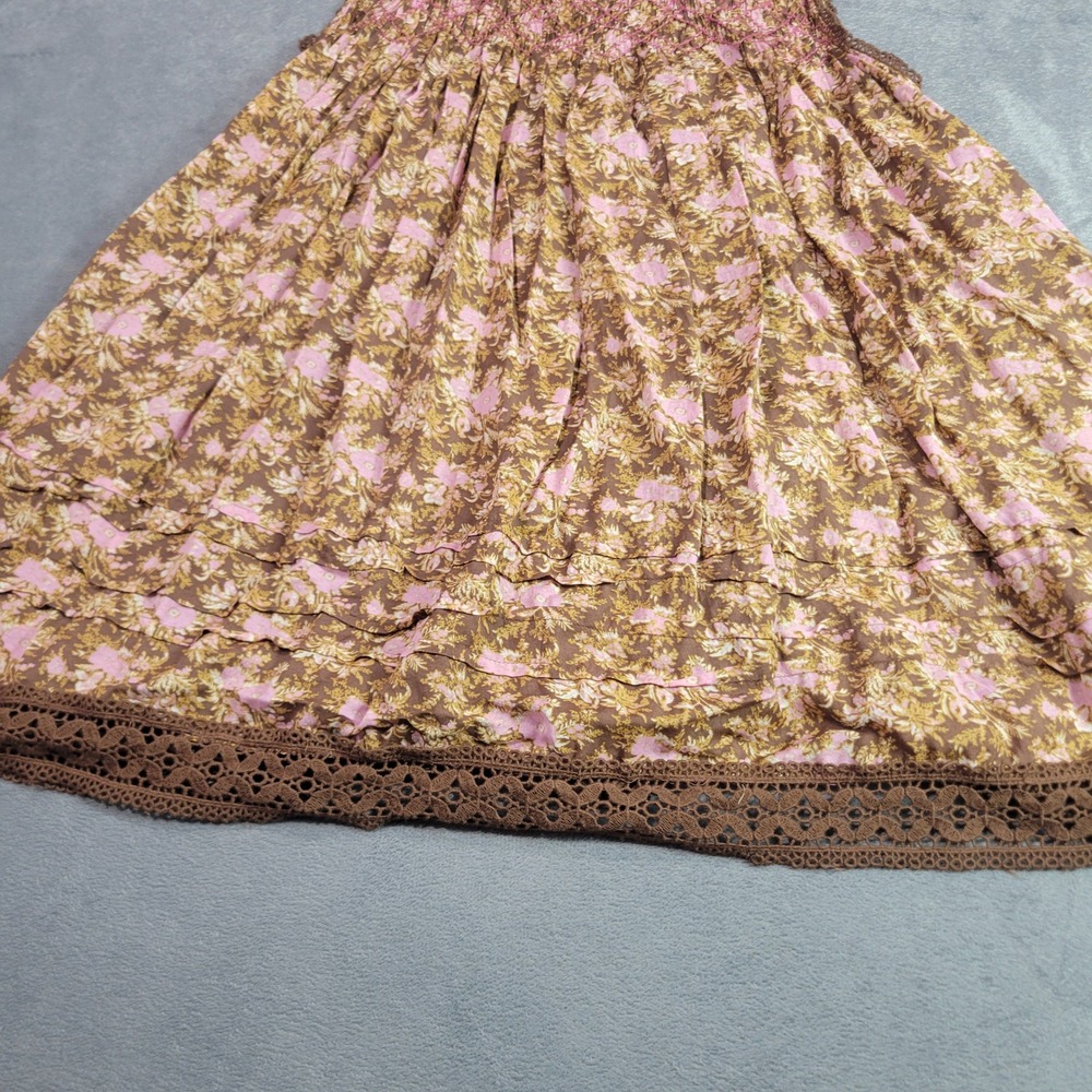 Free People Tunic Women Large Brown Pink Floral Smock Lace Trim Boho Mini Dress - Picture 13 of 13